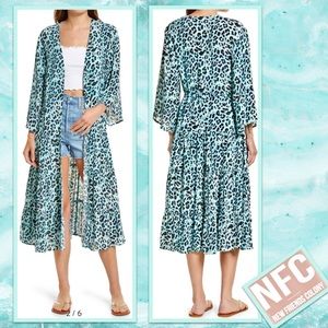 NFC New Friends Colony Julian Animal Print Duster in Blu Leopard Turquoise/Aqua